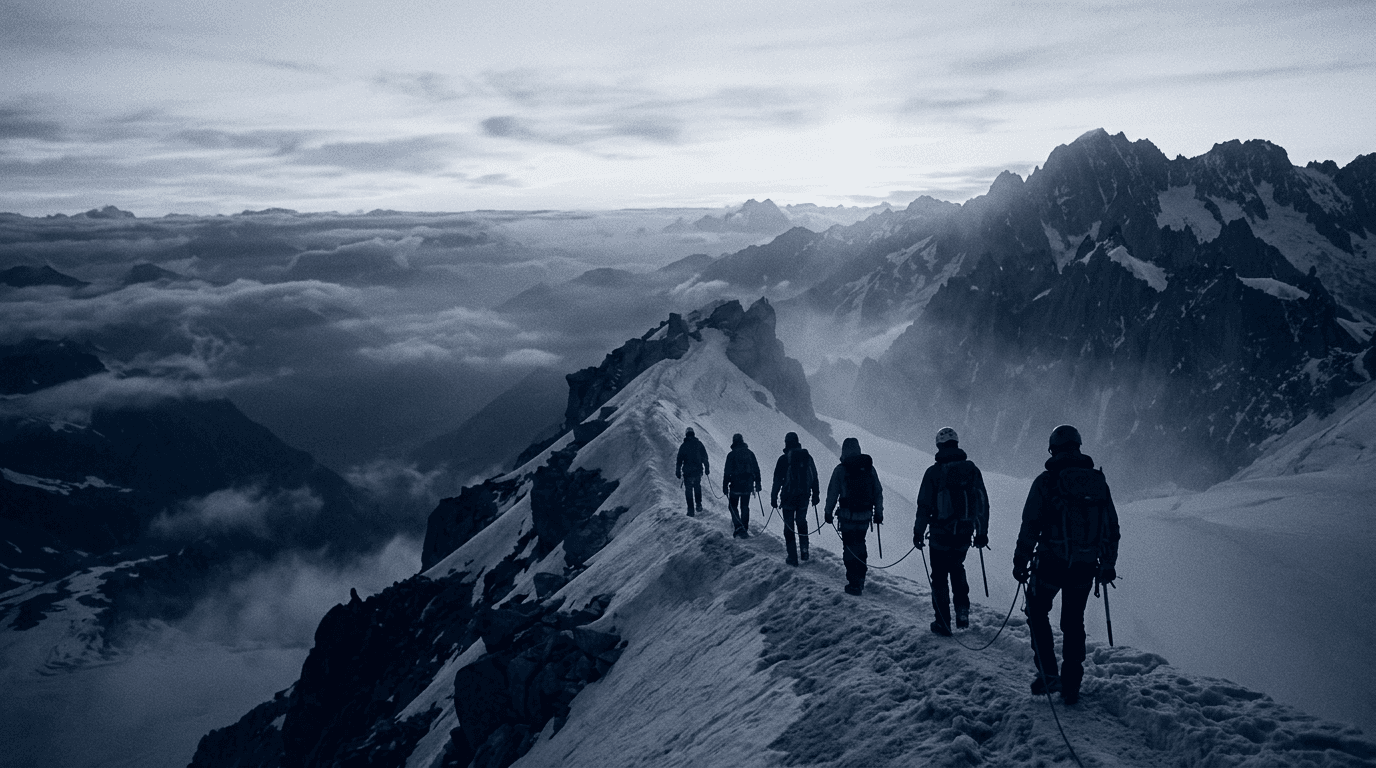 A roped team of climbers ascending a mountain ridge together at dawn